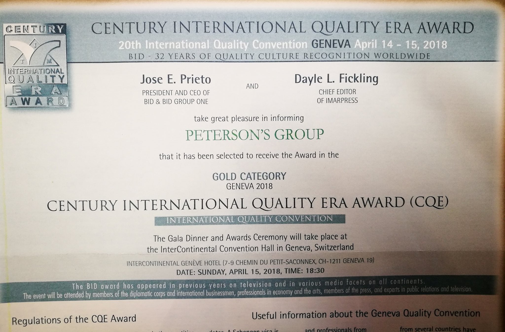 Petersons ERA Gold award