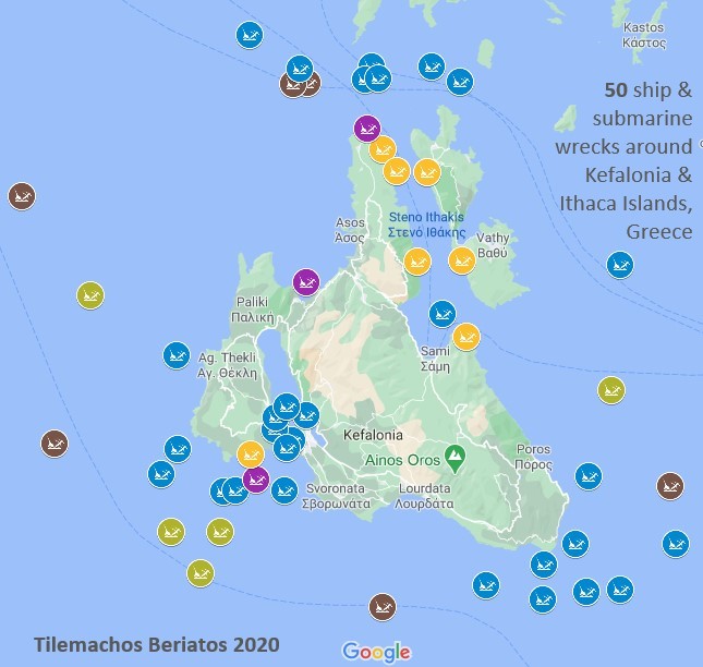 Map 50 wrecks around Kefalonia Ithaki
