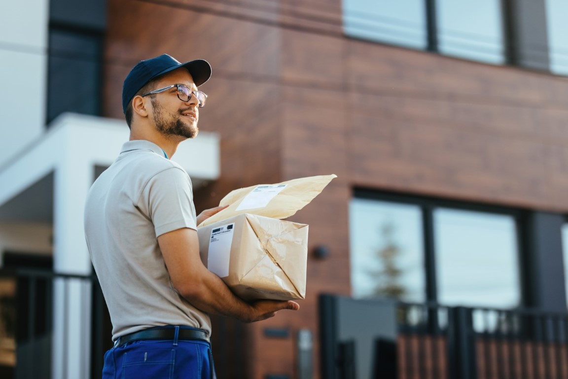 Young courier with packages looking for the right address while making home delivery.