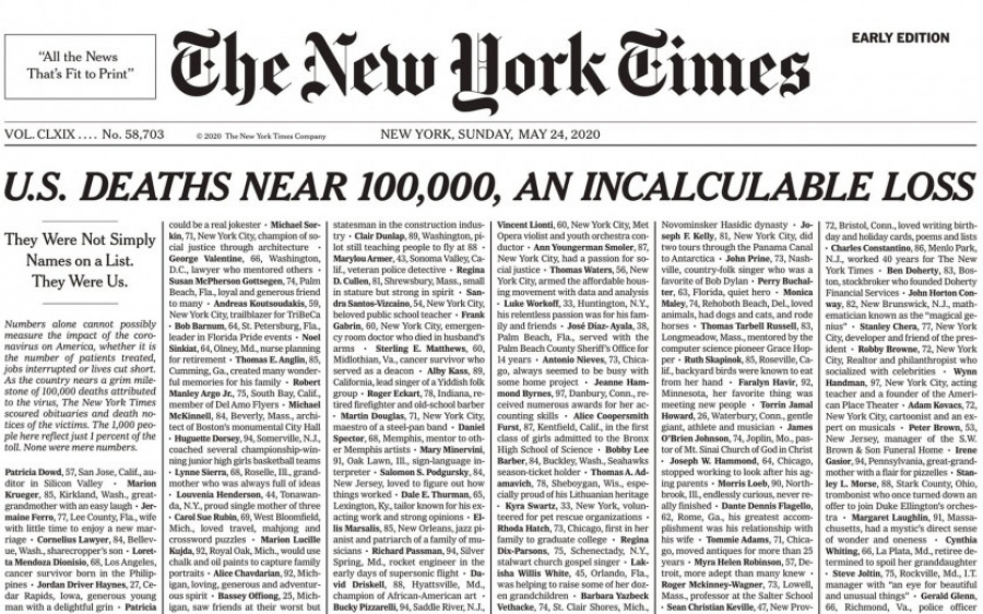 Το συγκλονιστικό πρωτοσέλιδο των New York Times για τα θύματα του Κορονοϊού στις ΗΠΑ