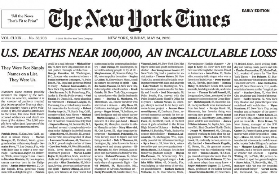Το συγκλονιστικό πρωτοσέλιδο των New York Times για τα θύματα του Κορονοϊού στις ΗΠΑ